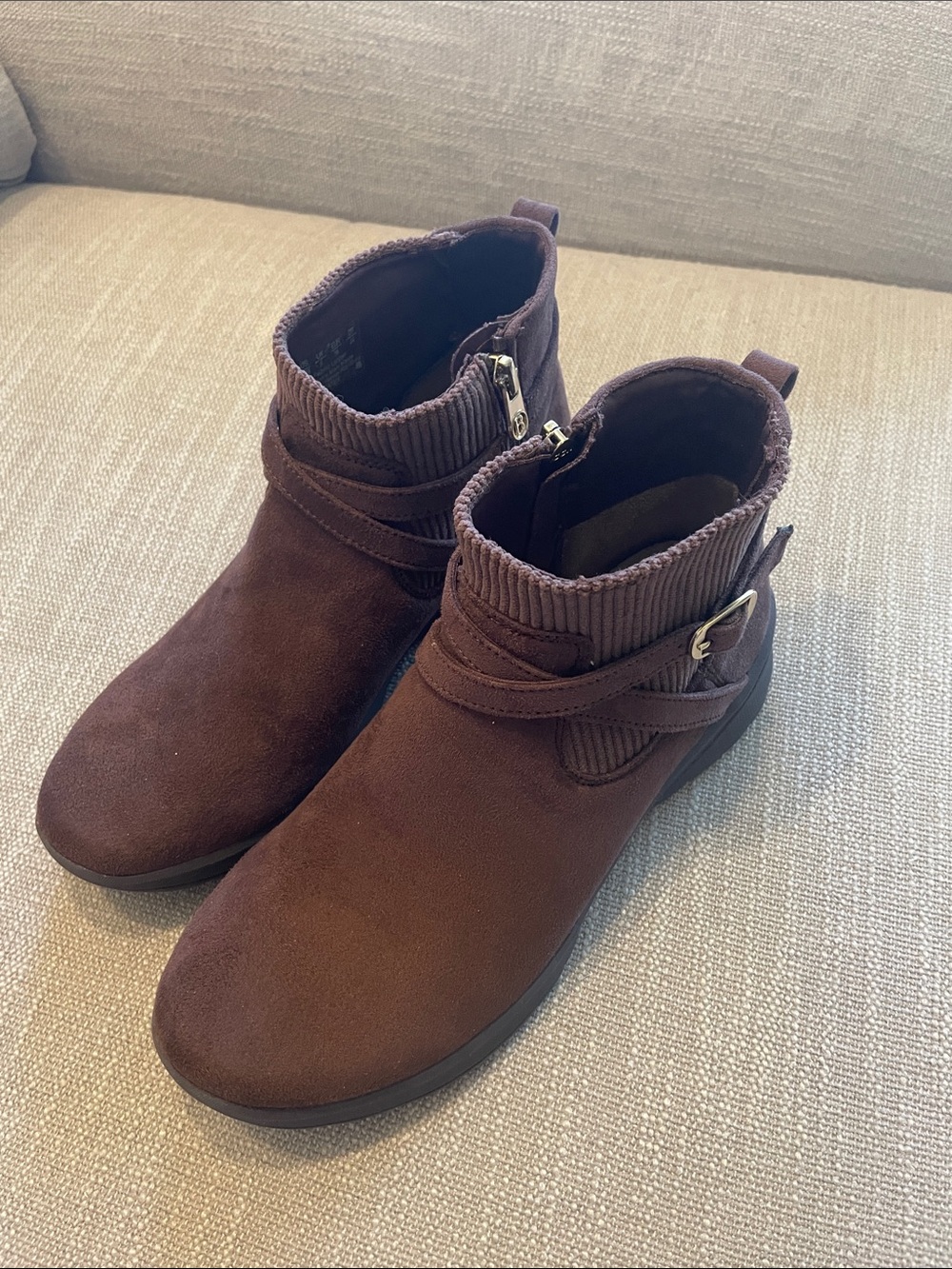 Life Stride Brown Suede-Look Ankle Booties with Buckle Accent